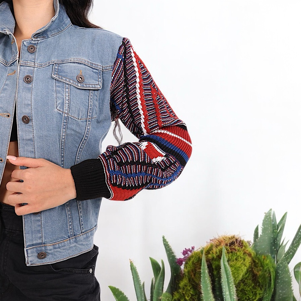 Flying Tomato Retro Vagabond Knit Balloon Sleeves Denim Jacket - Picture 6 of 16